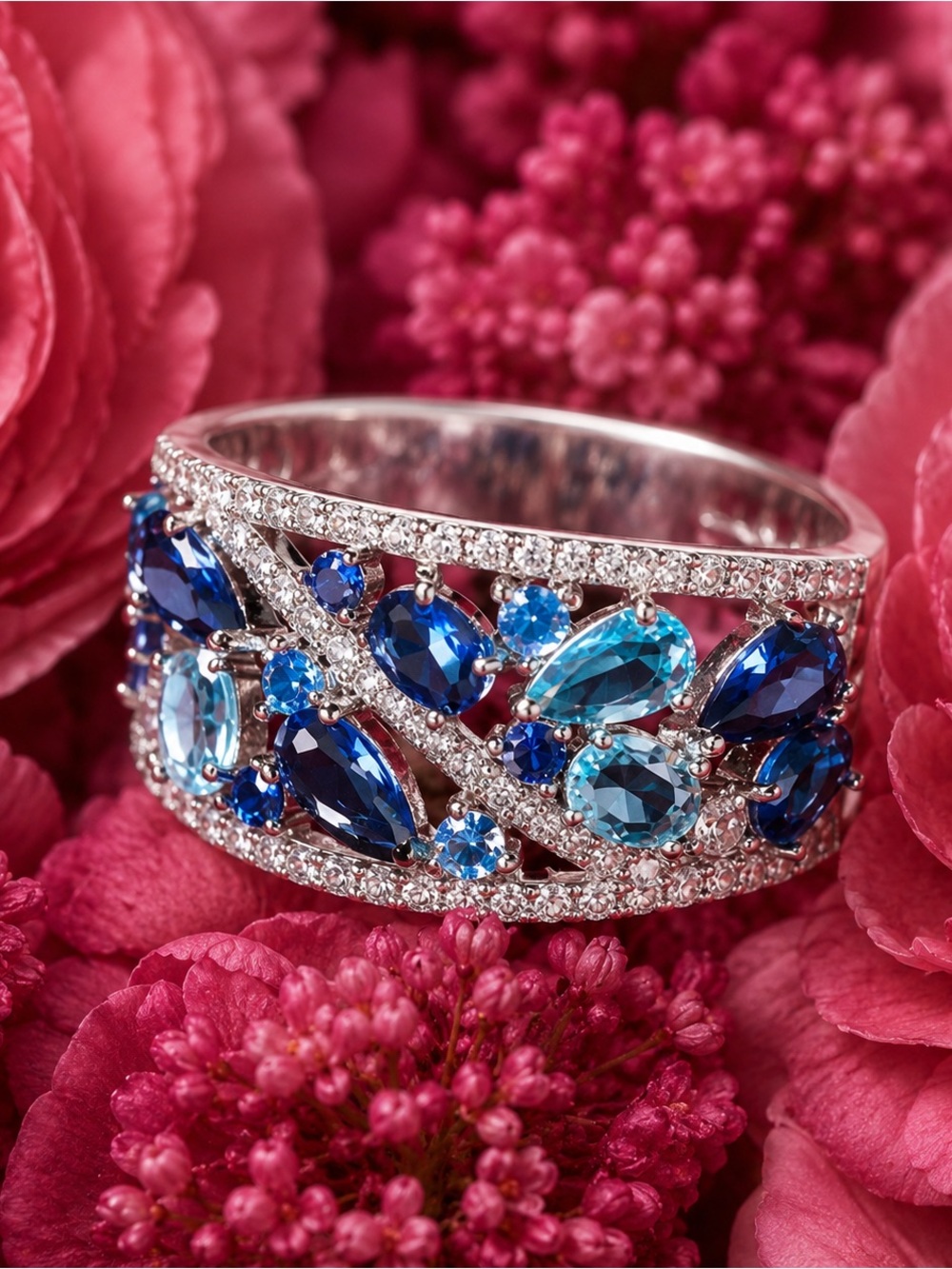 Blue Crystal Multi-Stone Statement Ring - Women Jewelry size 10